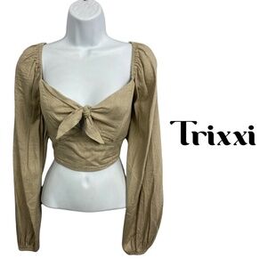 Trixxi Linen Blend Long Sleeve Puff Shoulder Crop Top with Tie Front –Size Small